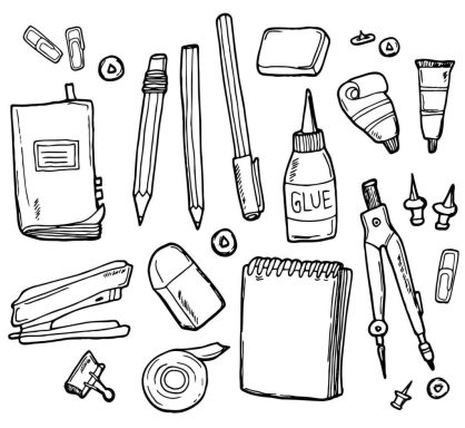 Dibujo de útiles escolares: cuadernos, lápices, pegamento, tijeras y otros materiales.