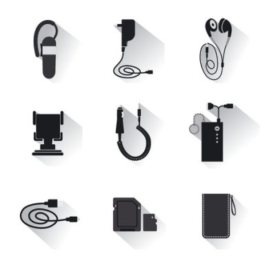 Iconos de accesorios de audio y carga en un diseño minimalista.