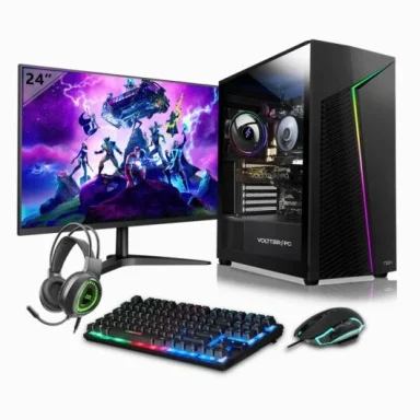 Configuración de computadora gaming con monitor, teclado, ratón y auriculares.